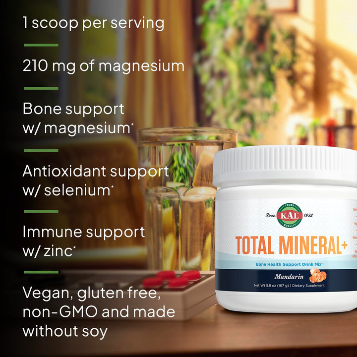 KAL Total Mineral+ Powder - Total Complex - Magnesium Glycinate, Zinc, Calcium and More - Bone Health &amp; Whole Body Support Supplement - Vegan, Non-GMO, Gluten-Free 60-Day Guarantee - 30 Servings