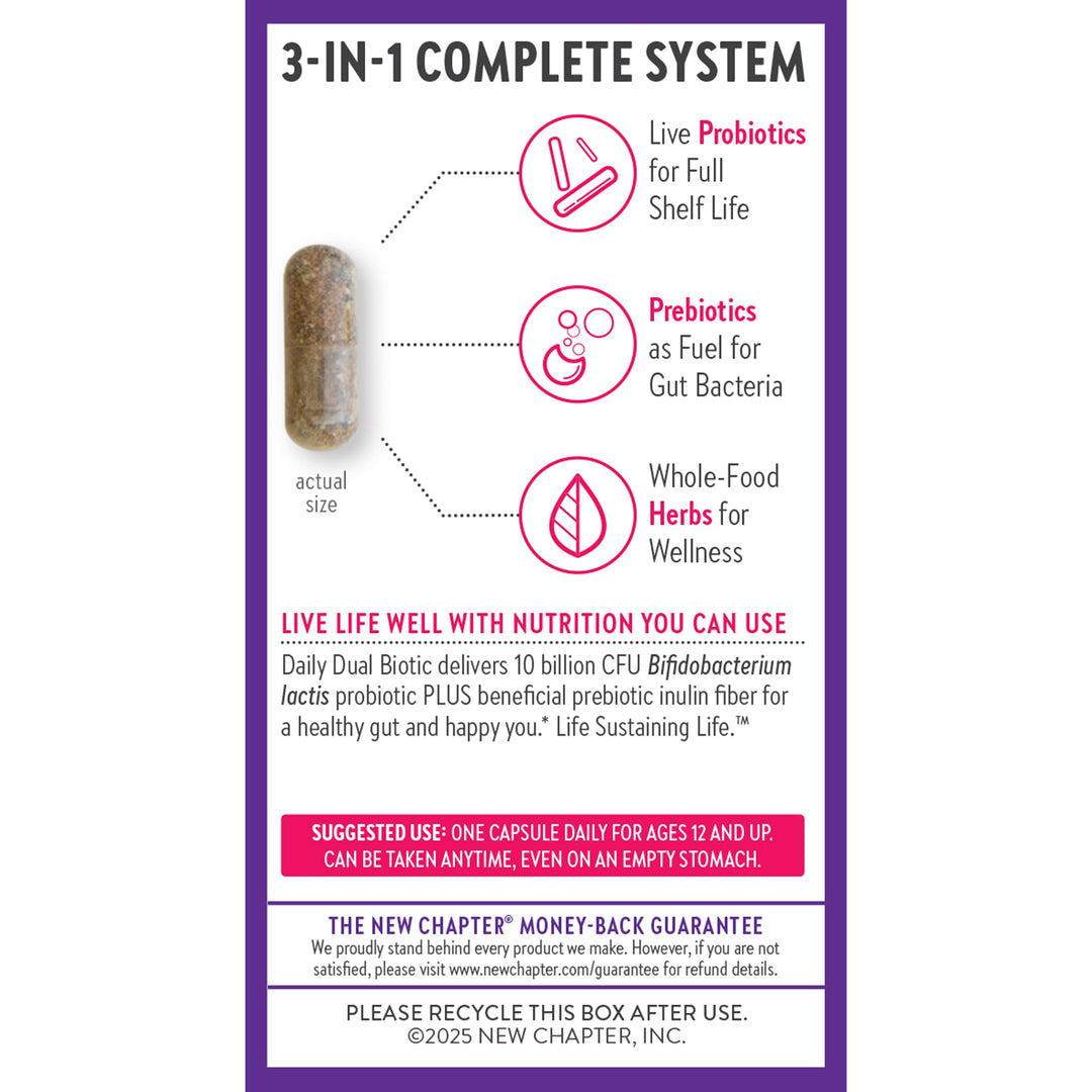 New Chapter Daily Dual Biotic Probiotic + Prebiotic for Digestion &amp; Microbiome Health, 100% Vegan, Soy Free, Non-GMO, 60 Count (2 Month Supply)