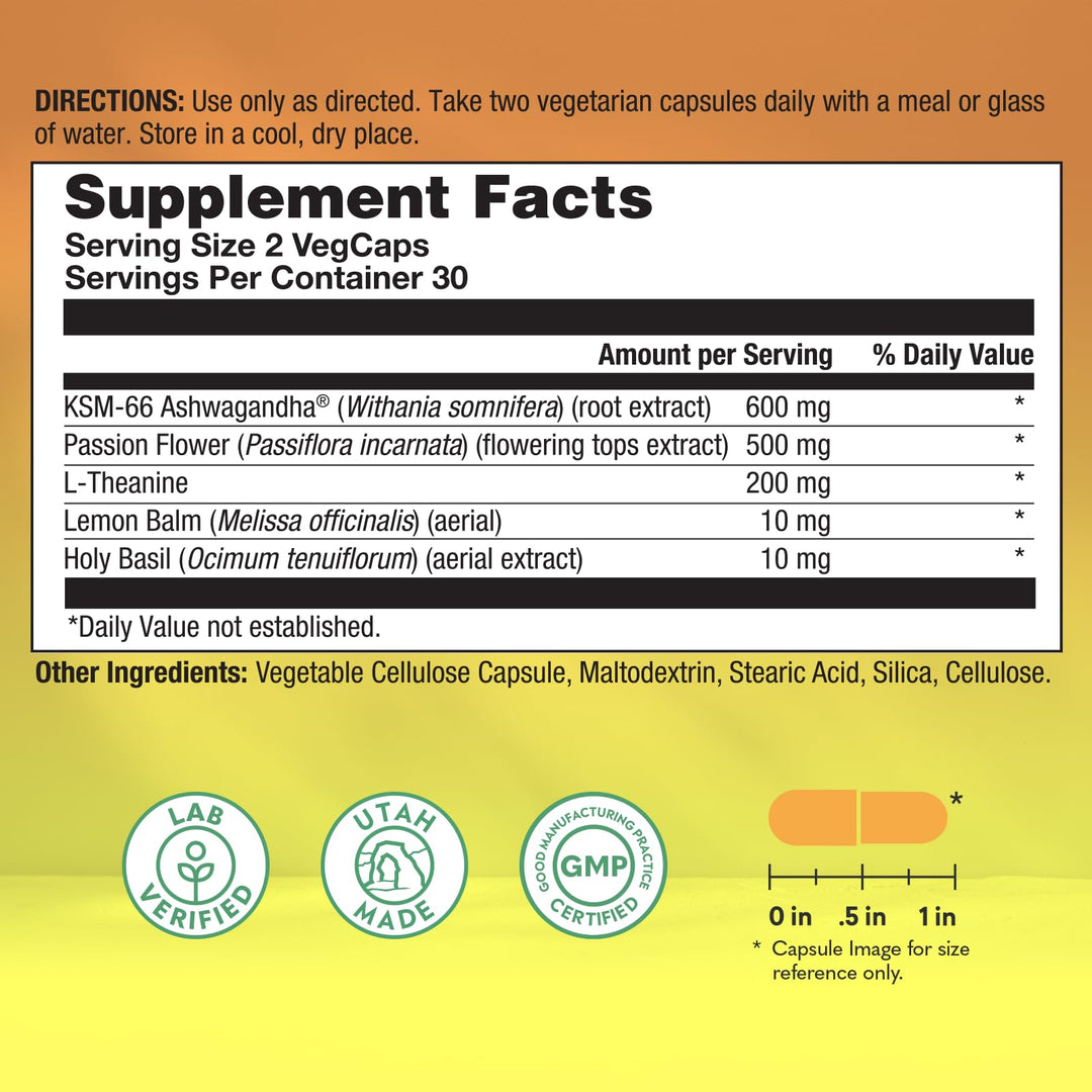 Natural Balance Happy Camper Plus - Supports Relaxation, Mental Energy, Occasional Stress w/KSM-66 Ashwagandha, L Theanine 200mg, Passion Flower, Lemon Balm, Holy Basil, 60-Day Guarantee, 30 Servings