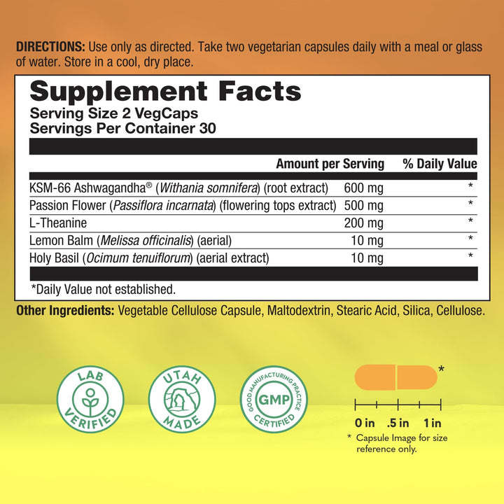 Natural Balance Happy Camper Plus - Supports Relaxation, Mental Energy, Occasional Stress w/KSM-66 Ashwagandha, L Theanine 200mg, Passion Flower, Lemon Balm, Holy Basil, 60-Day Guarantee, 30 Servings