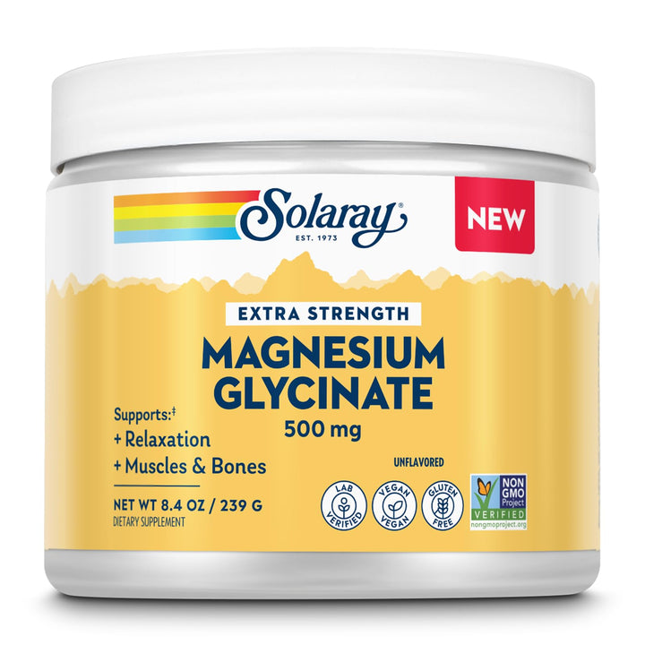 SOLARAY Magnesium Glycinate 500mg Powder - Extra Strength, Unflavored Magnesium Supplement for Bone, Muscle and Relaxation Support - Vegan, Gluten Free, Non-GMO, 60-Day Guarantee - 30 Servings, 8.4 OZ