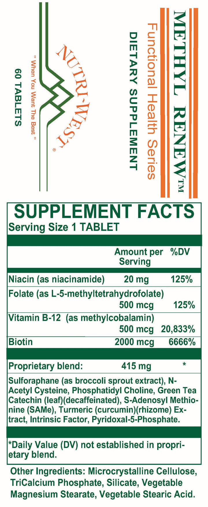 Nutri-West - Methyl Renew - 60 Tablets - Supplement Facts panel