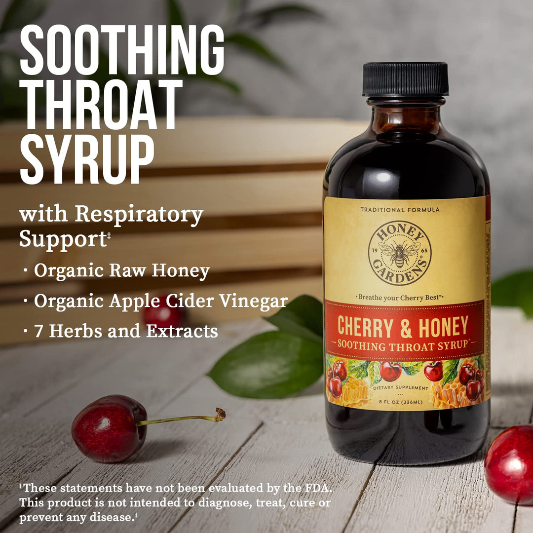 Honey Gardens Cherry &amp; Honey Soothing Throat Syrup, Apitherapy Formula with Organic Raw Honey, Organic Apple Cider Vinegar, Black Cherry, and Herbal Extracts, 48 Servings, 8 FL. OZ.