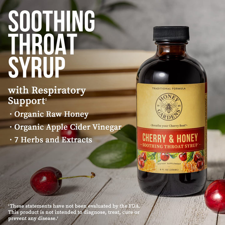Honey Gardens Cherry &amp; Honey Soothing Throat Syrup, Apitherapy Formula with Organic Raw Honey, Organic Apple Cider Vinegar, Black Cherry, and Herbal Extracts, 48 Servings, 8 FL. OZ.