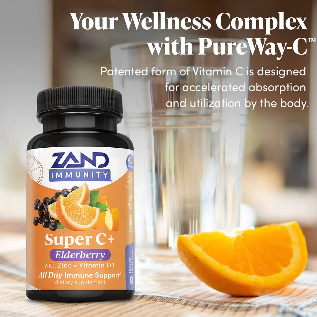 Zand Immunity Super C+ with Elderberry, All Day Immune Support, 1000mg PureWay-C Vitamin C Plus Zinc &amp; Vitamin D-3, Enhanced Absorption, 60 Tablets, 30 Servings