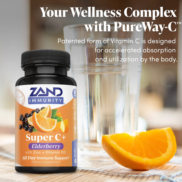 Zand Immunity Super C+ with Elderberry, All Day Immune Support, 1000mg PureWay-C Vitamin C Plus Zinc &amp; Vitamin D-3, Enhanced Absorption, 60 Tablets, 30 Servings