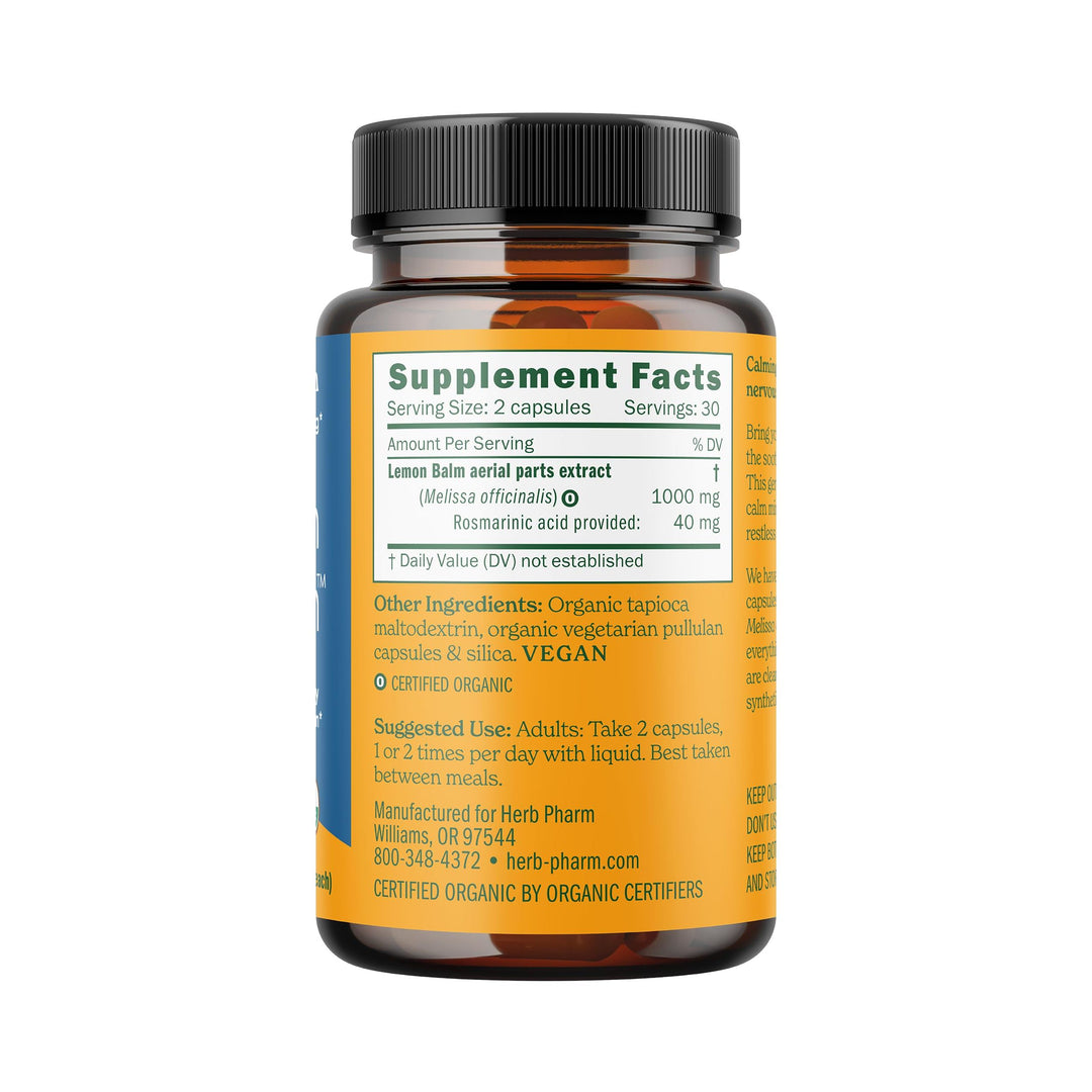 Herb Pharm Lemon Balm Calm Capsules: Calming Nervous System Support, Certified Organic Capsules with Lemon Balm Leaf Extract, Melatonin Free Relaxing Supplement, Vegan, 30 Day Supply, 60 Capsules