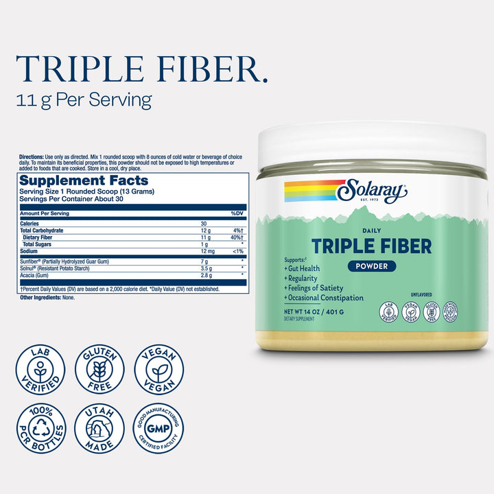SOLARAY Triple Fiber Powder - Daily Fiber Supplement for Women and Men w/Prebiotics - Gut Health, Occasional Constipation, Digestive Health Support, Unflavored, Vegan, Gluten Free, 30 Servings, 14oz