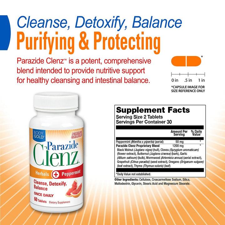 Body Gold Parazide Clenz Herbals &amp; Peppermint | Intestinal Cleanse &amp; Detox w/Black Walnut &amp; More | 30 Serv, 60 Tablets