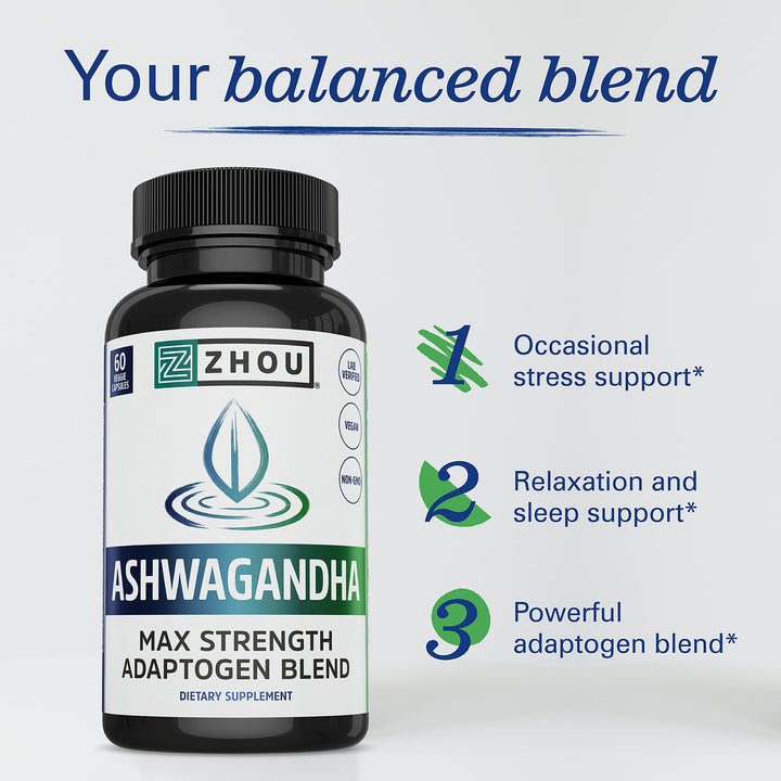 Zhou Nutrition Ashwagandha Capsules, Mood Enhancer, Energy Boost, Blend of Rhodiola, Holy Basil, Cordyceps, Reishi &amp; Ashwagandha Supplement, 30 Servings, 60 Capsules