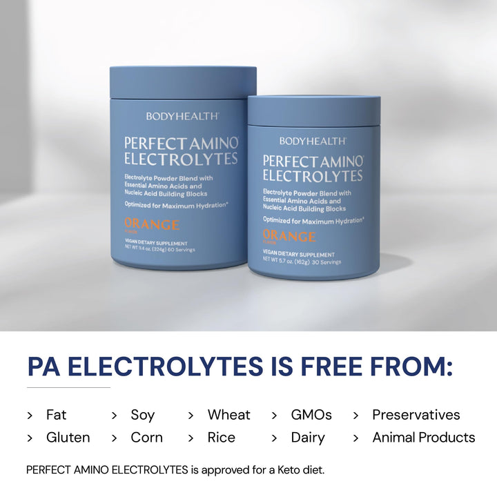 BodyHealth PerfectAmino Electrolytes Powder No Sugar, Keto Sugar Free Fasting Electrolytes Drink Mix, Hydration Powder with Trace Minerals - Orange - 60 Servings