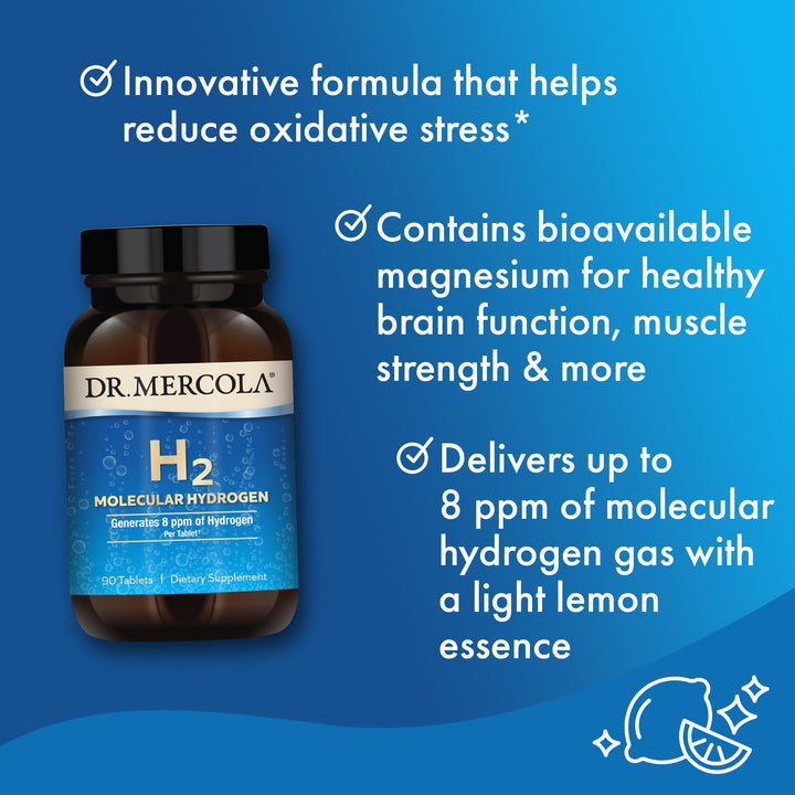 Dr. Mercola H2 Molecular Hydrogen Tablets, Creates Hydrogen Rich Water (8 ppm), Supports Cellular Energy, Brain Health &amp; Healthy Aging, Elemental Magnesium, Non-GMO, 90 Servings