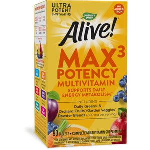 Nature's Way Alive! Max3 Potency Multivitamin, Support Daily Energy Metabolism*, No Added Iron, 90 Tablets