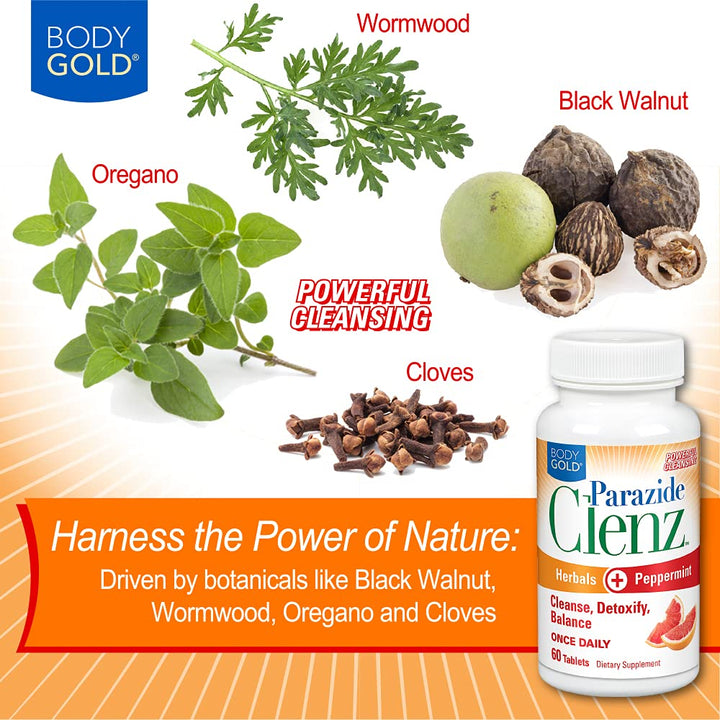 Body Gold Parazide Clenz Herbals &amp; Peppermint | Intestinal Cleanse &amp; Detox w/Black Walnut &amp; More | 30 Serv, 60 Tablets