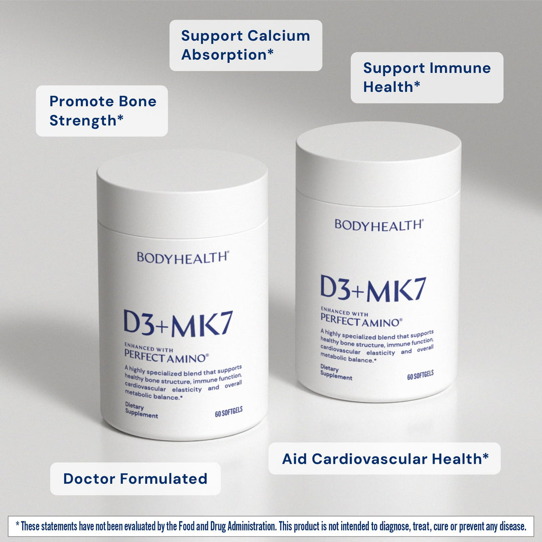 BodyHealth D3 + MK7 - Vitamin D3 5000IU, Vitamin K1, Vitamin K2 - Easy to Swallow Supplement, Supports Bone Strength &amp; Calcium Absorbtion* - 60 Softgels