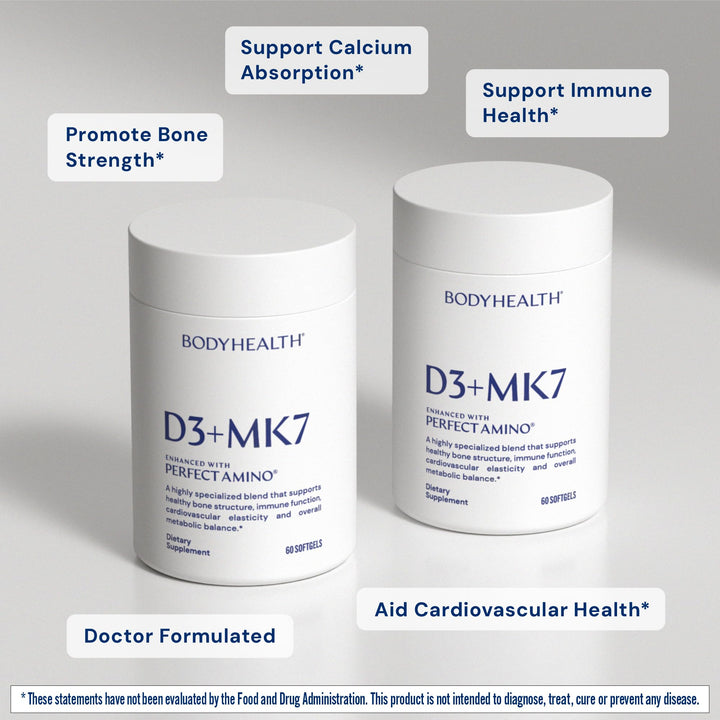 BodyHealth D3 + MK7 - Vitamin D3 5000IU, Vitamin K1, Vitamin K2 - Easy to Swallow Supplement, Supports Bone Strength &amp; Calcium Absorbtion* - 60 Softgels