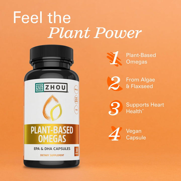 ZHOU Plant-Based Omegas - Vegan Omega 3 Supplement, EPA and DHA Algae Oil Capsules, from Algae &amp; Flaxseed, Supports Heart Health for Women and Men, Vegan - 30 Vegetarian Capsules