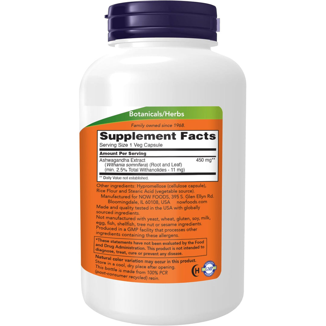 NOW Foods Ashwagandha Extract 450 mg Vegan, Kosher, Non-GMO - 240 Veg Capsules,