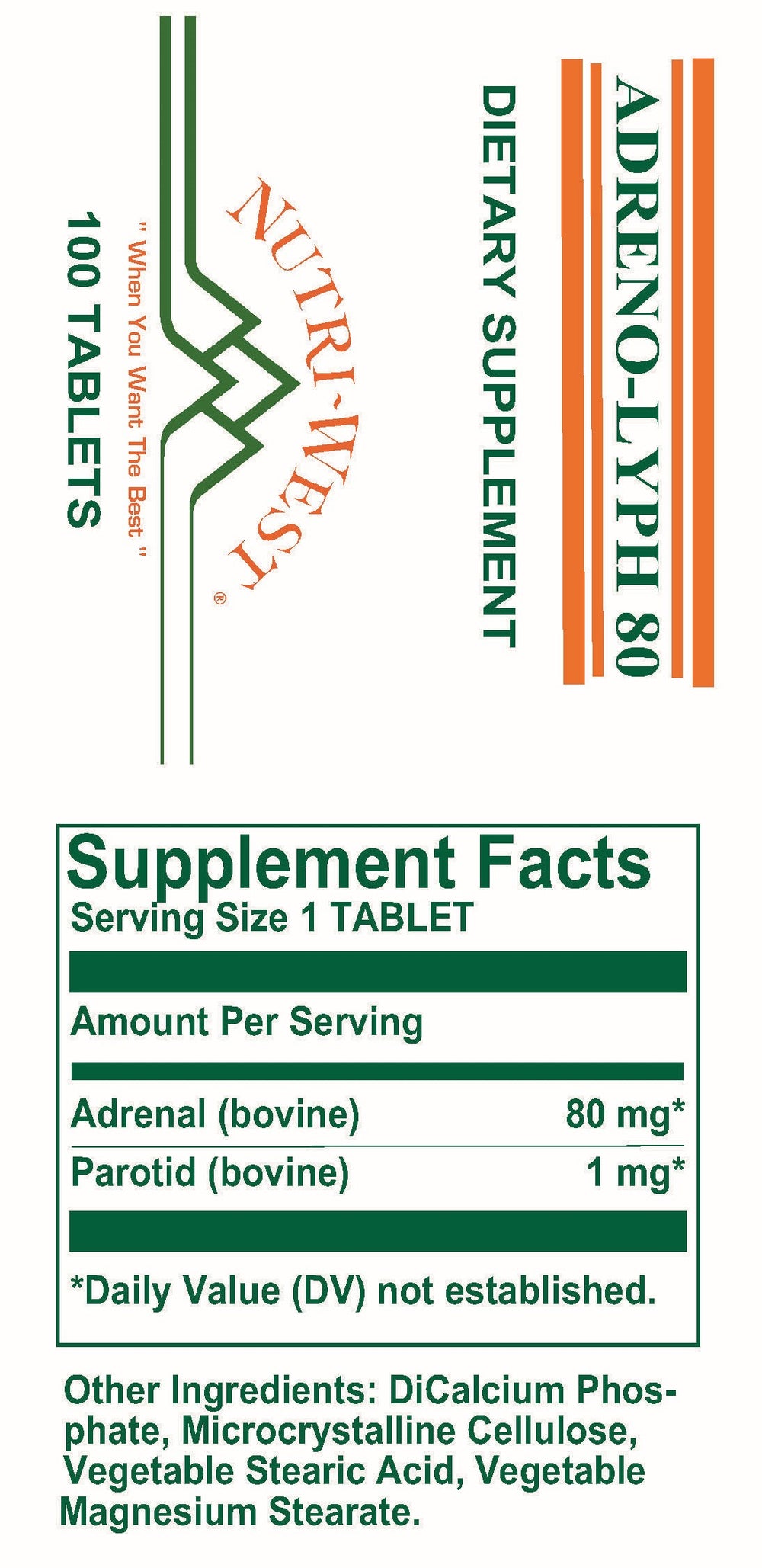 Nutri-West - Adreno-Lyph-80 - 100 Tablets - Supplement Facts panel