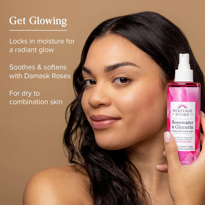 HERITAGE STORE Rosewater &amp; Glycerin Hydrating Facial Mist - Dry Combination Skin Care - Rose Water Spray w/Vegetable Glycerine, Made Without Dyes or Alcohol, Hypoallergenic, Vegan, Cruelty Free, 2oz