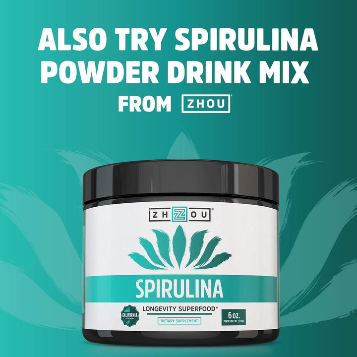 Zhou Spirulina Tablets - Spirulina Pills, Greens Superfood Supplement with Chlorophyll &amp; Blue Spirulina Powder Cognitive &amp; Immune Support, Pure Premium Formula - 180 Tablets