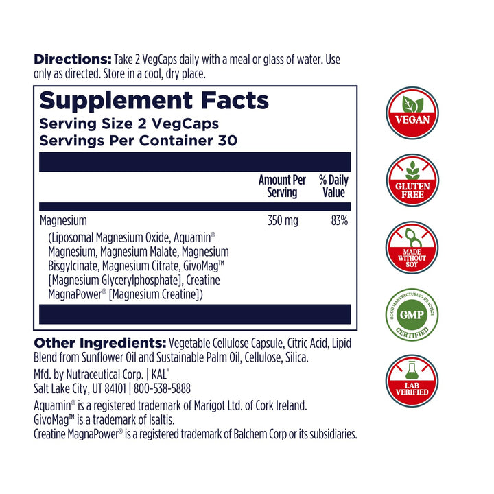 KAL Magnesium Complex 7 - Total Complex with Magnesium Glycinate, Citrate, Malate and More - Relaxation and Whole Body Support Supplements - Vegan, 60-Day Guarantee - 30 Servings - 60 VegCaps