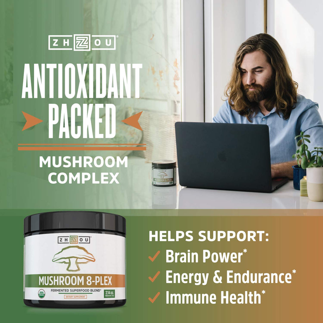 ZHOU Mushroom 8-Plex - Mushroom Supplement, Powder Blend, Coffee Alternative for Adults, Nootropic Complex for Health with Chaga, Lions Mane, Reishi &amp; Turkey Tail - 2.14oz (30 Servings)