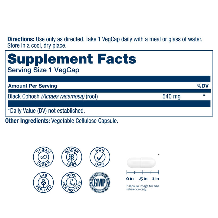 Solaray Black Cohosh 540 mg | Womens Health &amp; Menopause Support Supplement | Whole Root | Non-GMO, Vegan &amp; Lab Verified | 180 VegCaps
