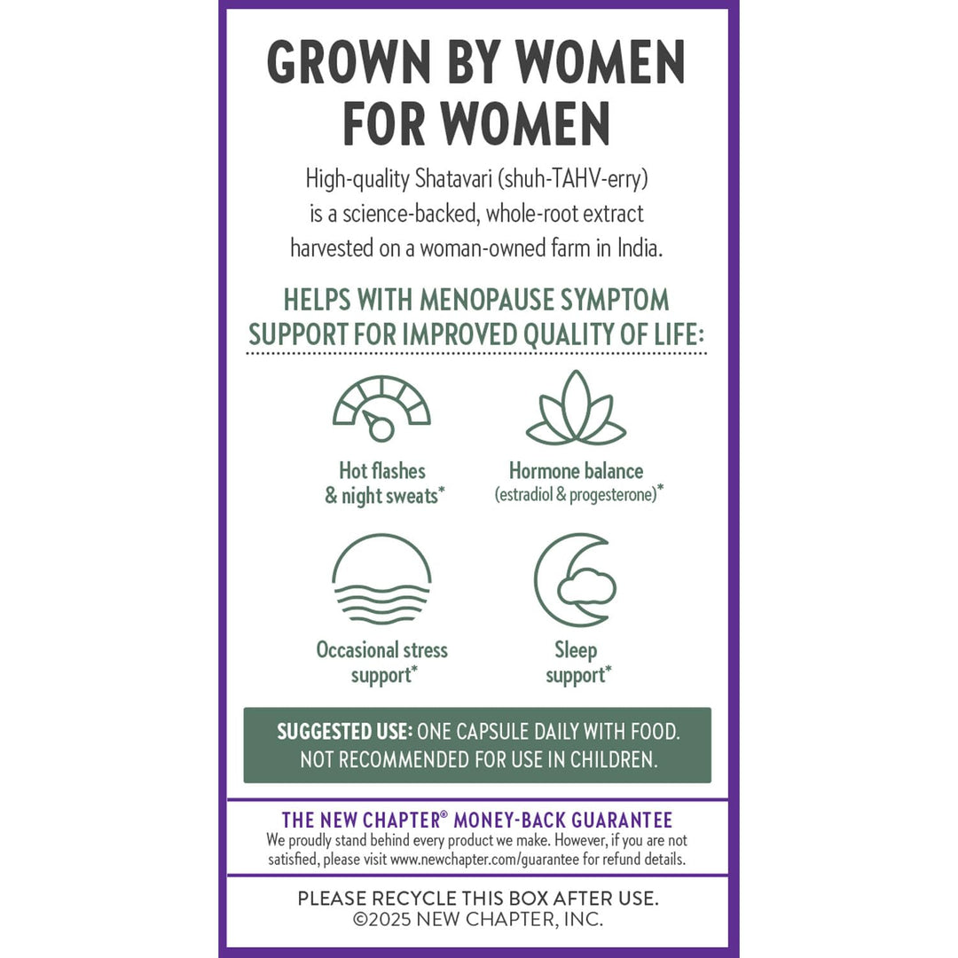 New Chapter Shatavari Supplement for Peri-Menopause &amp; Post-Menopause Support – 4X Concentrated Herb Shatavari Relieves Hot Flashes &amp; Night Sweats, Balances Women’s Hormones - Herbal Sleep Aid*, 30 ct