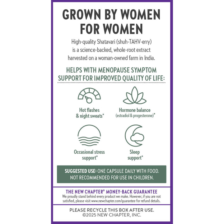 New Chapter Shatavari Supplement for Peri-Menopause &amp; Post-Menopause Support – 4X Concentrated Herb Shatavari Relieves Hot Flashes &amp; Night Sweats, Balances Women’s Hormones - Herbal Sleep Aid*, 30 ct