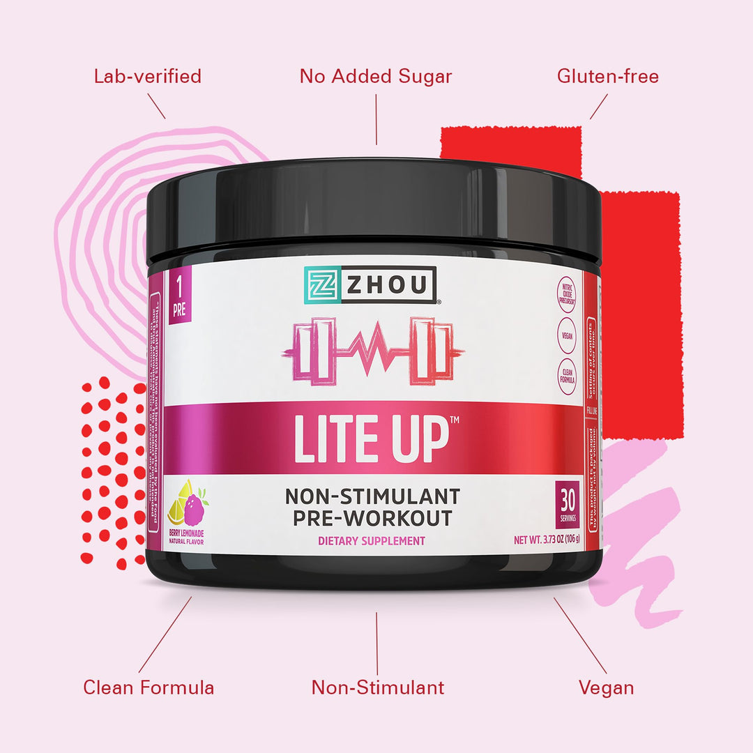 ZHOU Lite Up - Non Stim Powder, Nitric Oxide Precursor, Stim Free Supplement for Men &amp; Women, Caffeine Free Boost, Clean Formula - Berry Lemonade Flavor, 7.5 oz Jar (30 Scoops)
