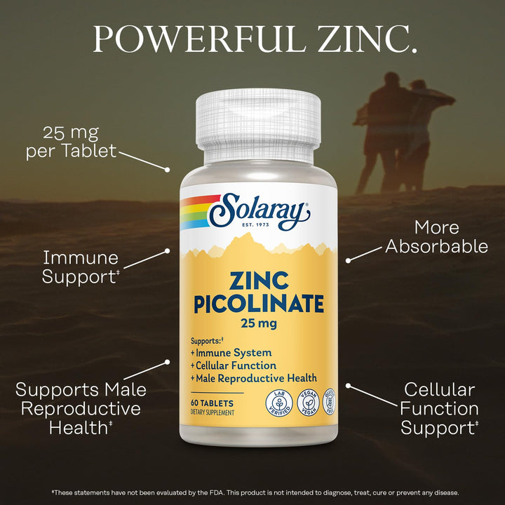 SOLARAY Zinc Picolinate 25 mg - Zinc Supplements for Men and Women - Immune Support Supplement - Vegan, Gluten Free, Lab Verified - 60-Day Guarantee - 60 Servings, 60 Tablets