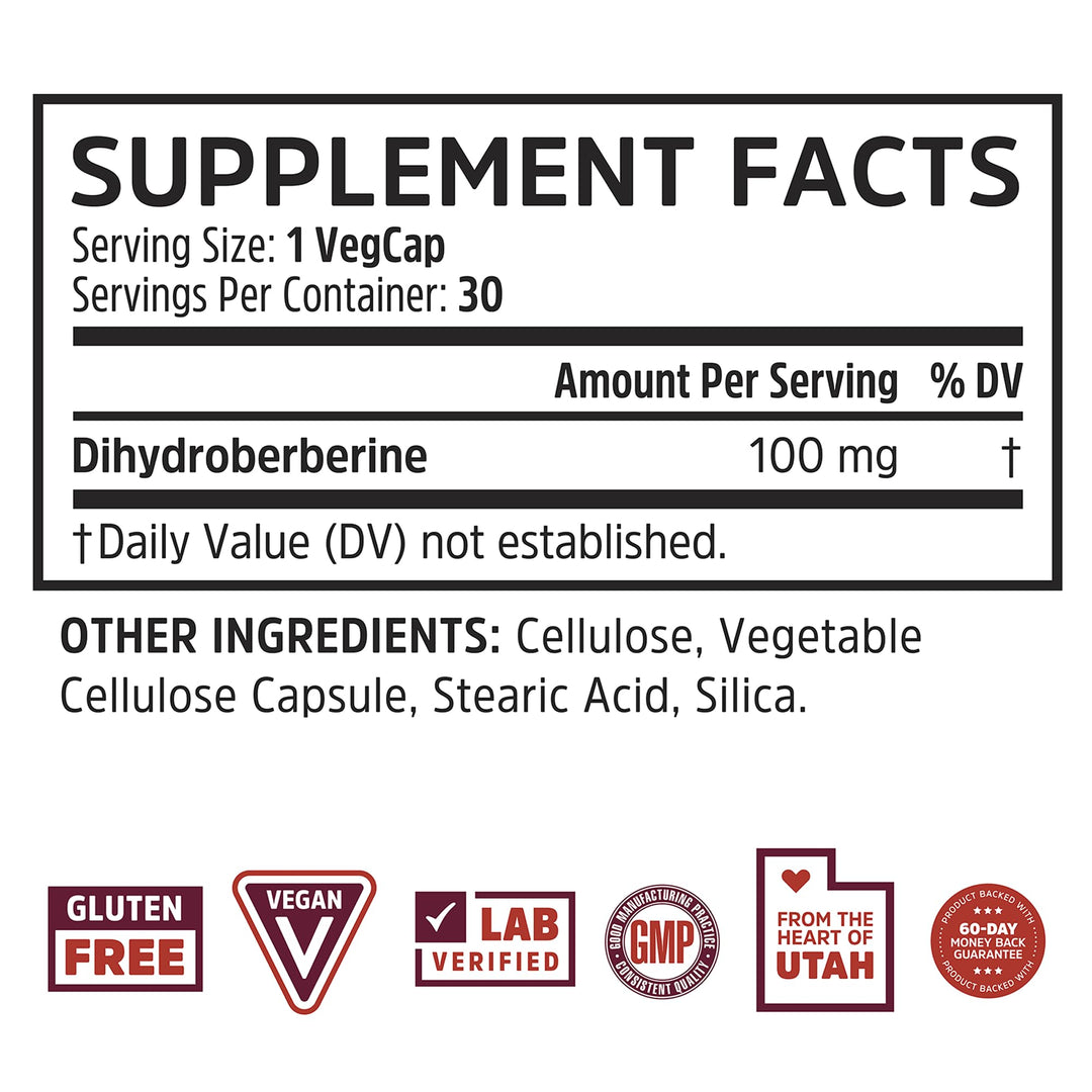 ZHOU Dihydroberberine 100 mg Supplement for Women &amp; Men - Enhanced Form of Berberine, Dihydroberberine 100mg Capsules, Natural Energy &amp; Cardiovascular Health Support, Vegan, Non GMO - 30 Caps