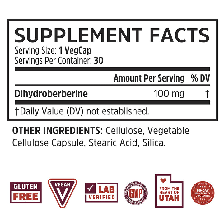 ZHOU Dihydroberberine 100 mg Supplement for Women &amp; Men - Enhanced Form of Berberine, Dihydroberberine 100mg Capsules, Natural Energy &amp; Cardiovascular Health Support, Vegan, Non GMO - 30 Caps