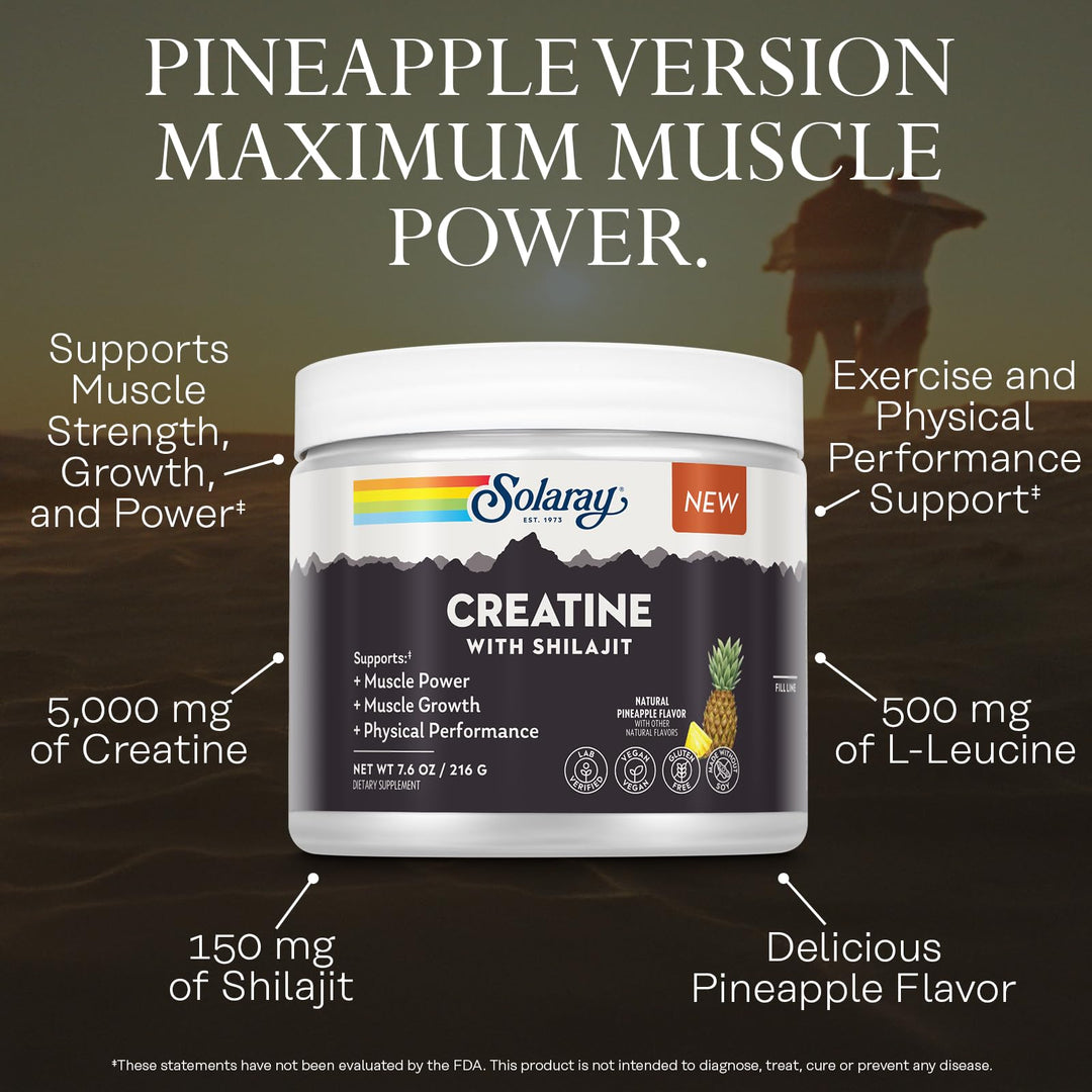 SOLARAY Creatine with Shilajit – Muscle Power and Growth Support with Creatine Monohydrate and L-Leucine Amino Acids – Natural Pineapple Flavor – Vegan, Gluten Free – 30 Servings, 7.6 OZ