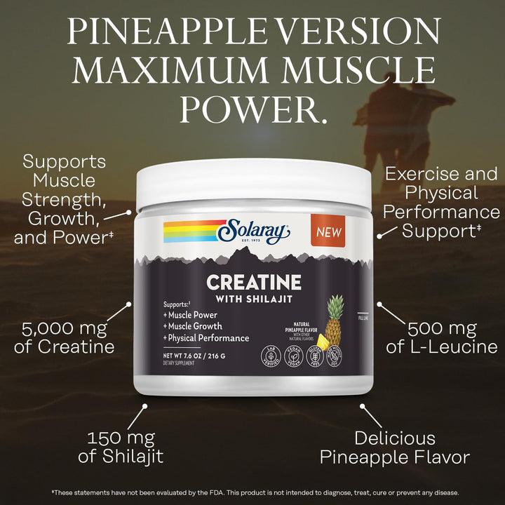 SOLARAY Creatine with Shilajit – Muscle Power and Growth Support with Creatine Monohydrate and L-Leucine Amino Acids – Natural Pineapple Flavor – Vegan, Gluten Free – 30 Servings, 7.6 OZ