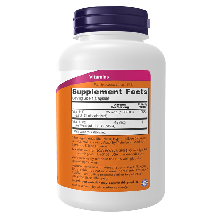 Now Supplements, Vitamin D3 &amp; K2, 1,000 IU/45 mcg, Plus Cardiovascular Support*, Supports Bone Health*, 240 Veg Capsules