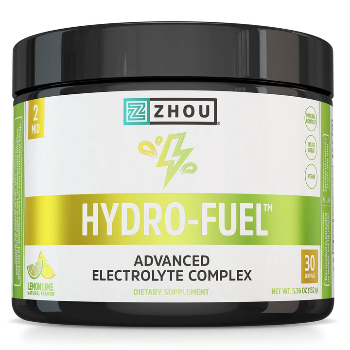 ZHOU Hydro-Fuel - Electrolytes Powder, Sugar Free Hydration Drink Mix w/Magnesium, Zinc, Potassium &amp; Sodium, Nutrients, Minerals &amp; Coconut Water Extract, No Sugar - Lemon Lime, 5.36 oz (30 Servings)