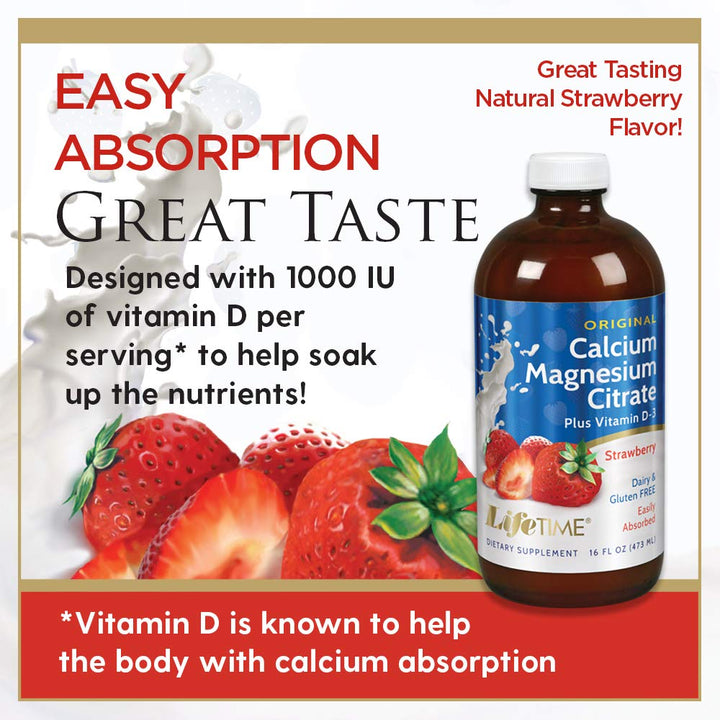 LifeTime Vitamins - Liquid Calcium Magnesium Supplement for Women &amp; Men, with Vitamin D, Muscle and Bone Health Support with Magnesium &amp; Calcium Citrate - Natural Strawberry Flavor, 16 fl oz