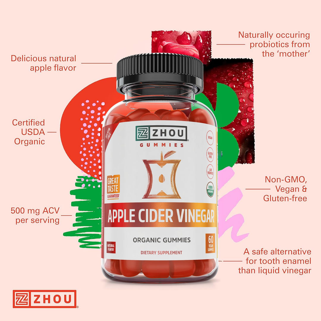 Zhou Apple Cider Vinegar Gummies - ACV Gummies for Women and Men with Elderberry, Delicious Taste with Raw Cane Sugar, USDA Organic - 60 Vegan Gummies