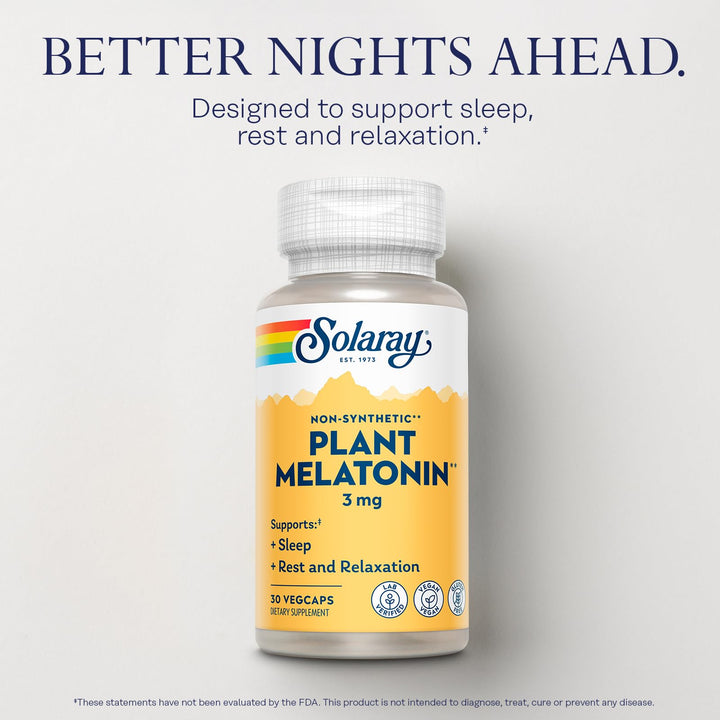 SOLARAY Plant Melatonin 3mg - Sleep Aid Supplement Made with Somato - Vegan, Non Synthetic, Nature-Derived Sleeping Pills Support - Gluten Free, Lab Verified - 30 Servings, 30 VegCaps