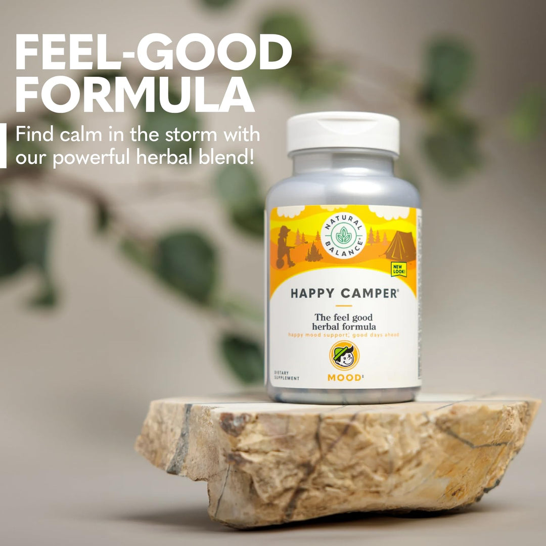 Natural Balance Happy Camper - Feel-Good Mood Support Supplement - Gotu Kola, Passion Flower, and Kava Kava Capsules - 60-Day Guarantee - 60 Servings, 120 VegCaps