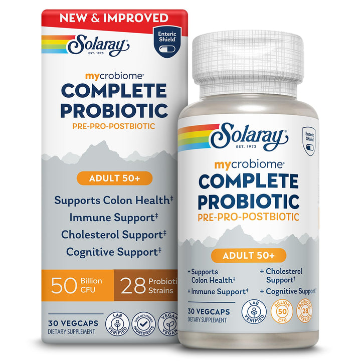 SOLARAY Mycrobiome Complete Probiotic Adult 50 Plus - Pre and Probiotics for Women and Men Plus Postbiotic - 50 Billion CFU, 28 Strains - Vegan - 30 Servings, 30 VegCaps