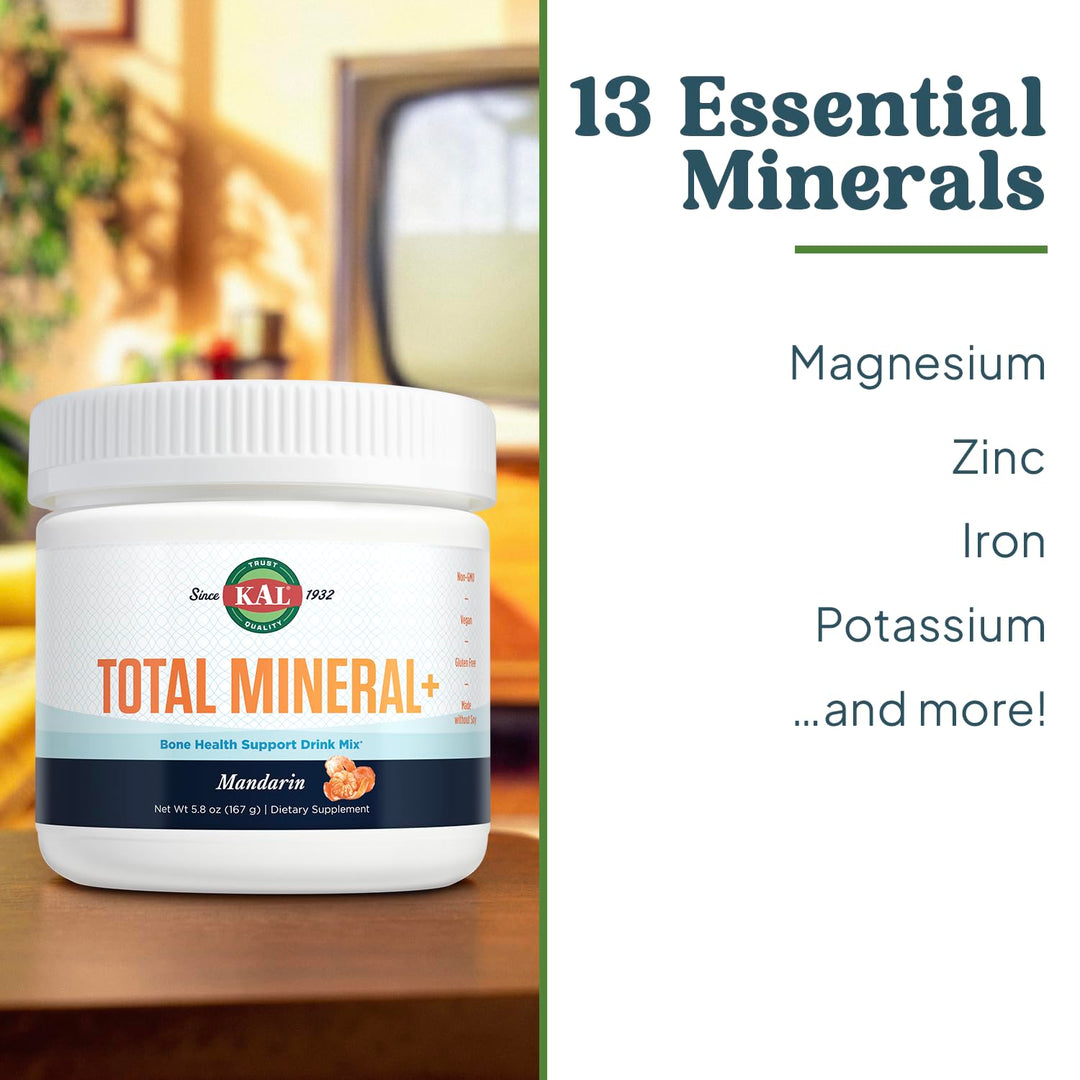 KAL Total Mineral+ Powder - Total Complex - Magnesium Glycinate, Zinc, Calcium and More - Bone Health &amp; Whole Body Support Supplement - Vegan, Non-GMO, Gluten-Free 60-Day Guarantee - 30 Servings