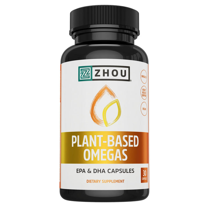 ZHOU Plant-Based Omegas - Vegan Omega 3 Supplement, EPA and DHA Algae Oil Capsules, from Algae &amp; Flaxseed, Supports Heart Health for Women and Men, Vegan - 30 Vegetarian Capsules