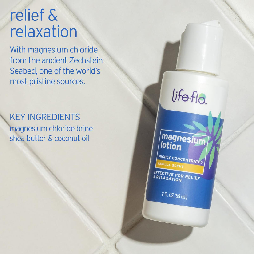 LIFE-FLO Magnesium Lotion, Vanilla Scent - New, Improved Magnesium Chloride from Zechstein Seabed - Soothes Muscles, Joints When Massaged into Skin - Great for Kids, Hypoallergenic, 2 Fl oz