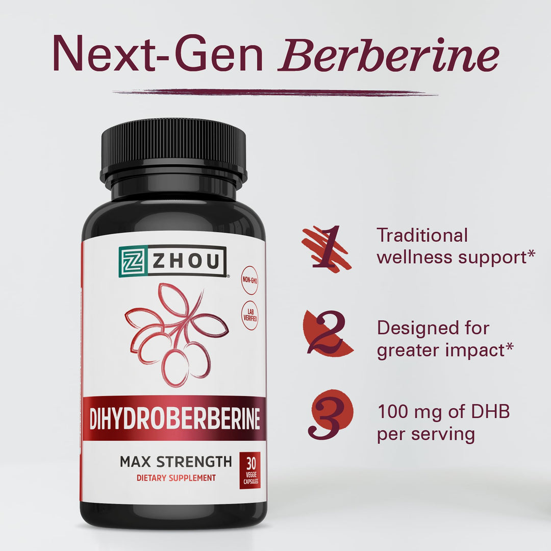 ZHOU Dihydroberberine 100 mg Supplement for Women &amp; Men - Enhanced Form of Berberine, Dihydroberberine 100mg Capsules, Natural Energy &amp; Cardiovascular Health Support, Vegan, Non GMO - 30 Caps