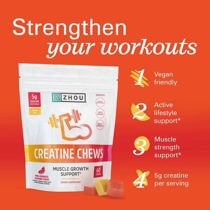 ZHOU Nutrition Creatine Monohydrate Chewables 5g for Men &amp; Women, Sugar Free, Organic, Non GMO, Pink Lemonade, 60 Creatine Gummies