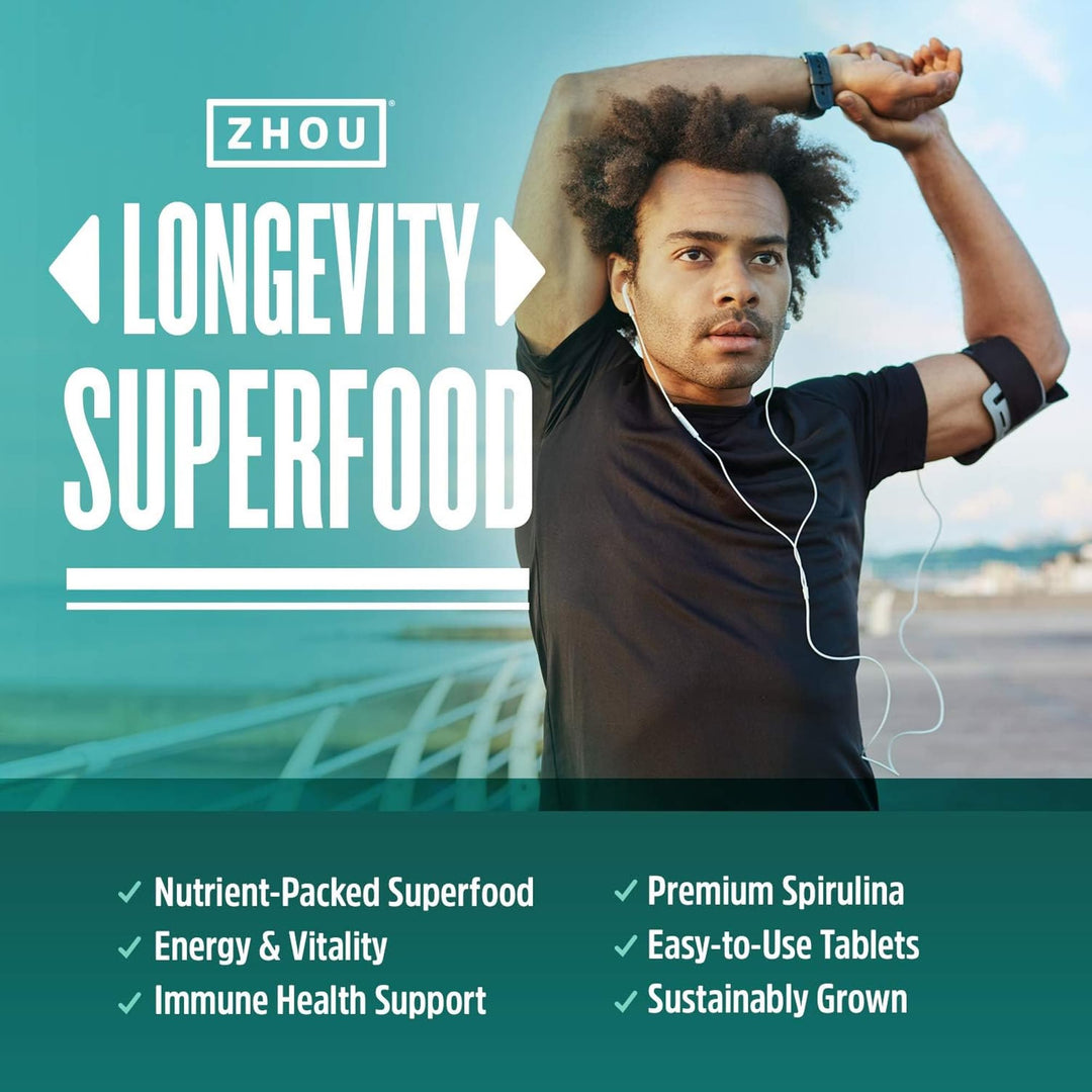 Zhou Spirulina Tablets - Spirulina Pills, Greens Superfood Supplement with Chlorophyll &amp; Blue Spirulina Powder Cognitive &amp; Immune Support, Pure Premium Formula - 180 Tablets