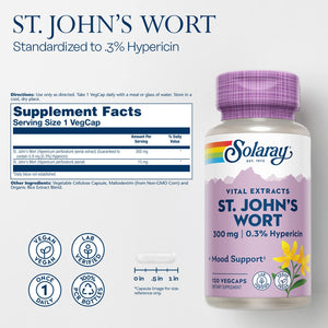 SOLARAY St John�s Wort Aerial Extract 300 mg, 0.3% Hypericin, Mood & Brain Health Support, Vegan & Lab Verified for Quality, 120 Servings, 120 VegCaps - The Oasis of Health